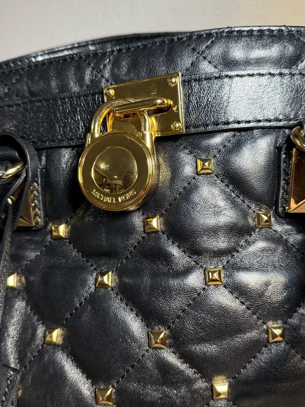 Michael Kors Black Quilted Studded Satchel with Gold Hardware
